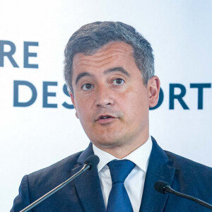 Gérald Darmanin, ministre de l'Intérieur en conférence de presse après la réunion des acteurs de l'organisation de la finale de la Ligue des Champions au au ministère français des sports, à Paris