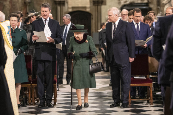 La princesse Anne, son mari Timothy Laurence, La reine Elisabeth II d'Angleterre et Le prince Andrew, duc d'York - Service d'action de grâce en hommage au prince Philip, duc d'Edimbourg, à l'abbaye de Westminster à Londres, le 29 mars 2022. Le prince Philip, duc d'Edimbourg, est décédé Le 9 avril 2021. Première sortie publique de la souveraine après des ennuis de santé. 