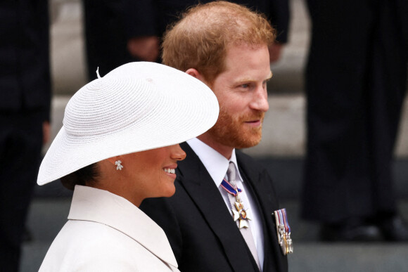 Le prince Harry, duc de Sussex et Meghan Markle, duchesse de Sussex - Les membres de la famille royale et les invités lors de la messe célébrée à la cathédrale Saint-Paul de Londres, dans le cadre du jubilé de platine (70 ans de règne) de la reine Elisabeth II d'Angleterre. Londres, le 3 juin 2022.