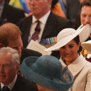 Le prince Harry, duc de Sussex, et Meghan Markle, duchesse de Sussex - Les membres de la famille royale et les invités lors de la messe célébrée à la cathédrale Saint-Paul de Londres, dans le cadre du jubilé de platine (70 ans de règne) de la reine Elisabeth II d'Angleterre. Londres, le 3 juin 2022.