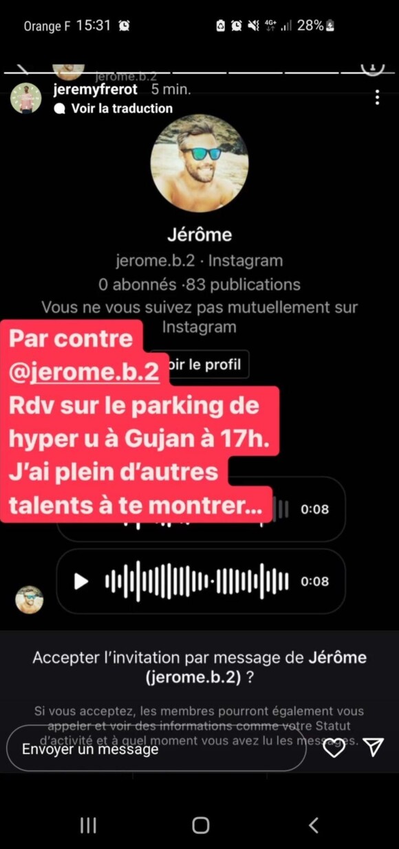 La story de Jérémy Frérot partagée ce samedi 4 juin 2022.
