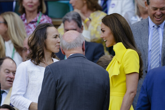 Catherine (Kate) Middleton, duchesse de Cambridge, dans les tribunes lors de la finale dame du tournoi de Wimbledon au All England Lawn Tennis and Croquet Club à Londres, Royaume Uni, le 9 juillet 2022. 