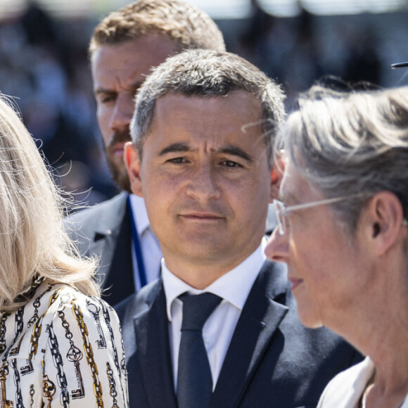 la première dame Brigitte Macron, Gérald Darmanin, ministre de l'Intérieur et des Outre-mer, Elisabeth Borne, Première ministre - Le président Emmanuel Macron lors du défilé militaire du 14 Juillet à Paris. © Eliot Blondet / Pool / Bestimage