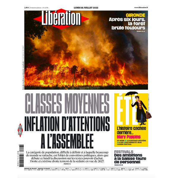 Couverture de "Libération" du lundi 18 juillet 2022