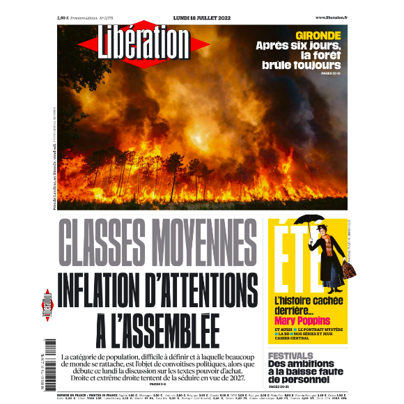 Couverture de "Libération" du lundi 18 juillet 2022