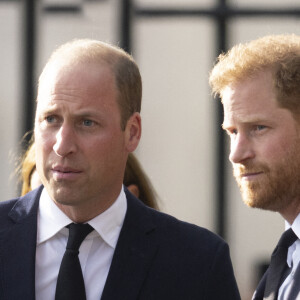 Le prince de Galles William, le prince Harry, duc de Sussex à la rencontre de la foule devant le château de Windsor, suite au décès de la reine Elisabeth II d'Angleterre. Le 10 septembre 2022