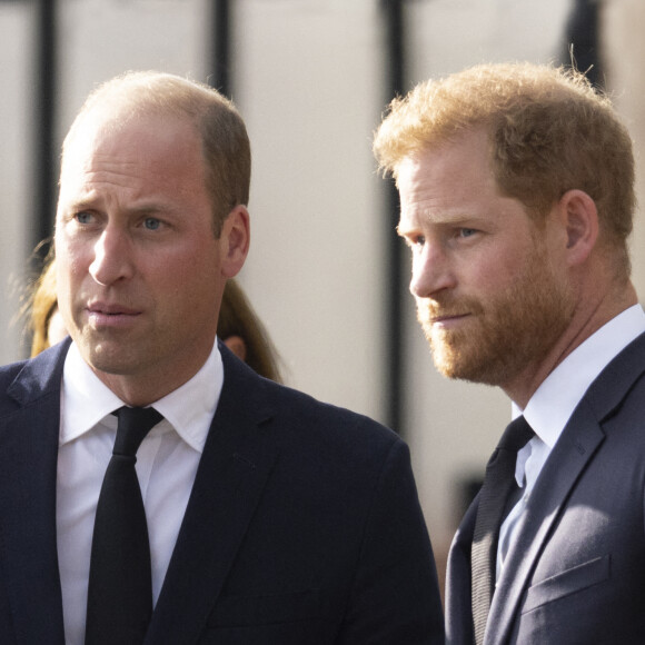 Le prince de Galles William, le prince Harry, duc de Sussex à la rencontre de la foule devant le château de Windsor, suite au décès de la reine Elisabeth II d'Angleterre.