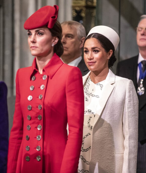 Catherine Kate Middleton, duchesse de Cambridge, Meghan Markle, enceinte, duchesse de Sussex lors de la messe en l'honneur de la journée du Commonwealth à l'abbaye de Westminster à Londres.