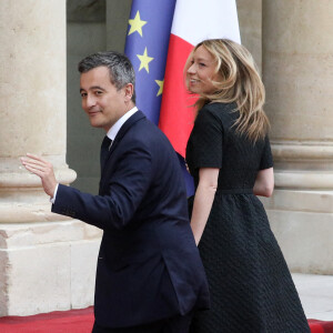 Le ministre de l'Intérieur, Gérald Darmanin et son épouse Rose-Marie Devillers arrivent pour un dîner d'Etat avec le président français et italien, au palais de l'Elysée, Paris, le 5 juillet 2021. © Stéphane Lemouton / Bestimage