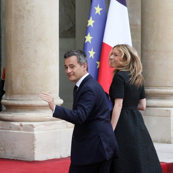 Le ministre de l'Intérieur, Gérald Darmanin et son épouse Rose-Marie Devillers arrivent pour un dîner d'Etat avec le président français et italien, au palais de l'Elysée, Paris, le 5 juillet 2021. © Stéphane Lemouton / Bestimage