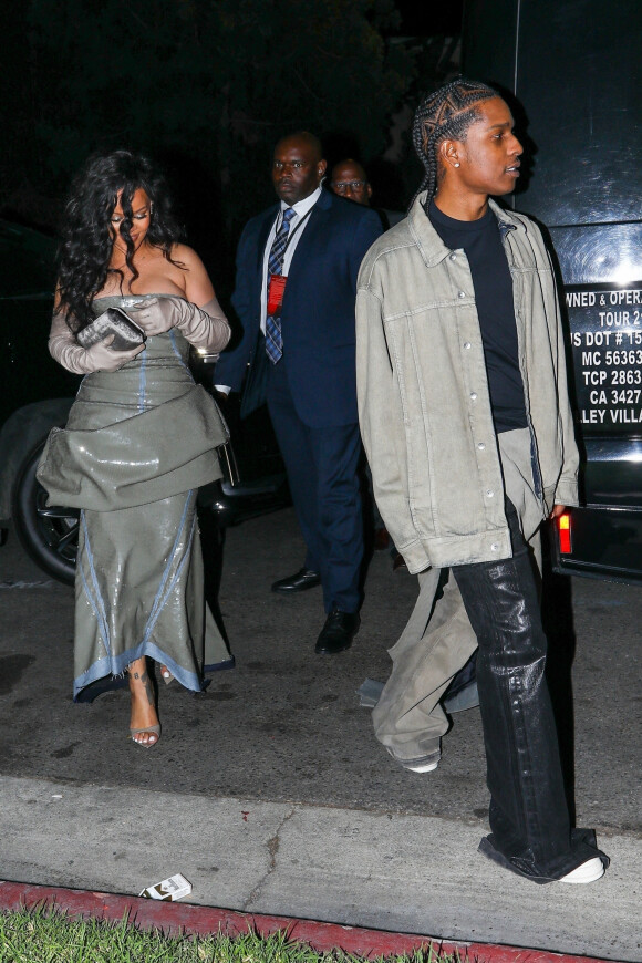 Exclusif - Rihanna et son compagnon ASAP Rocky à la sortie de la soirée "Wakanda Forever", au Roosevelt Hotel à Los Angeles, le 26 octobre 2022. 