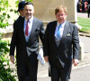 David Furnish et Elton John à la sortie de la chapelle St. George au château de Windsor lors du mariage de Meghan et Harry, Royaume Uni, le 19 mai 2018.