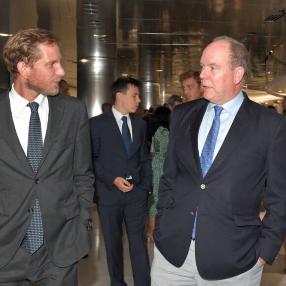 Andréa Casiraghi et son oncle le prince Albert II de Monaco durant l'inauguration du nouveau Musée de l'Automobile de Monaco, sur le port de Monaco, le 7 juillet 2022. © Bruno Bebert/Bestimage 