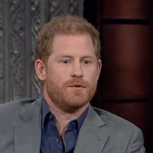 Le prince Harry sur le plateau de l'émission "The Late Show With Stephen Colbert" à New York, le 12 janvier 2023. © JLPPA/CBS/Bestimage 