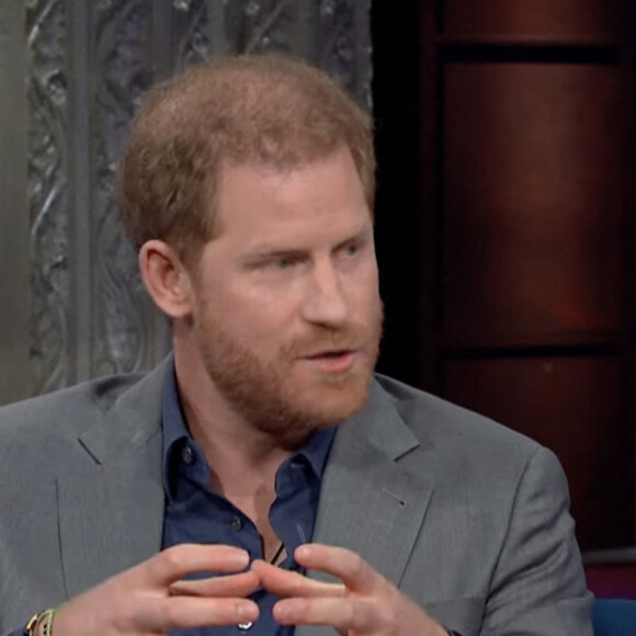 Le prince Harry sur le plateau de l'émission "The Late Show With Stephen Colbert" à New York, le 12 janvier 2023. © JLPPA/CBS/Bestimage 