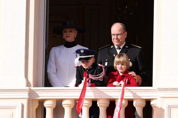 La princesse Charlène de Monaco, Le prince Albert II de Monaco, Le prince Jacques de Monaco, marquis des Baux, La princesse Gabriella de Monaco, comtesse de Carladès lors de la Fête Nationale de la principauté de Monaco, le 19 novembre 2022. © Claudia Albuquerque/Bestimage 