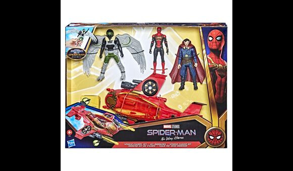 Embarquez dans une aventure folle avec ce pack de 3 figurines articulées avec véhicule jet araignée Spiderman 3 Marvel