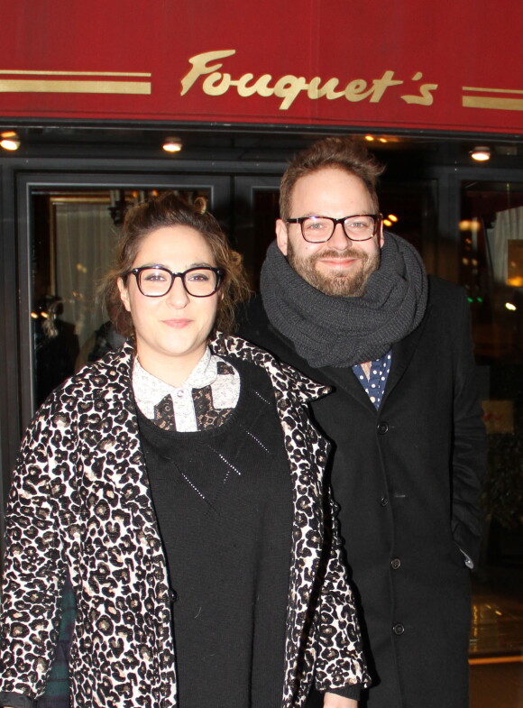 Exclusif - Marilou Berry et Arnaud Schneider - Marilou Berry et son compagnon Arnaud Schneider dînent au Fouquet's et passent la soirée au Queen à Paris le 4 mars 2015.
