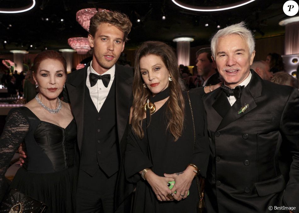 Priscilla Presley, Austin Butler, Lisa Marie Presley et Baz Luhrmann à la 80ème cérémonie des Golden Globes, au &quot;Beverly Hilton&quot; à Los Angeles, le 10 janvier 2023. © HFPA via The Grosby Group / Bestimage   