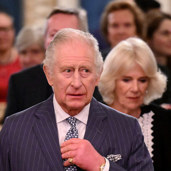 Le roi Charles III d'Angleterre et la reine consort Camilla Parker Bowles lors de la réception pour la journée du Commonwealth au palais de Buckingham à Londres. Le 13 mars 2023  -