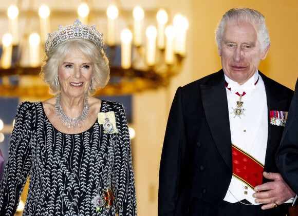 La reine consort Camilla Parker Bowles, le roi Charles III d'Angleterre - Arrivées au dîner d'état donné par le président allemand et sa femme en l'honneur du roi d'Angleterre et de la reine consort, au Château Bellevue à Berlin, à l'occasion du premier voyage officiel du roi d'Angleterre en Europe. Le 29 mars 2023 