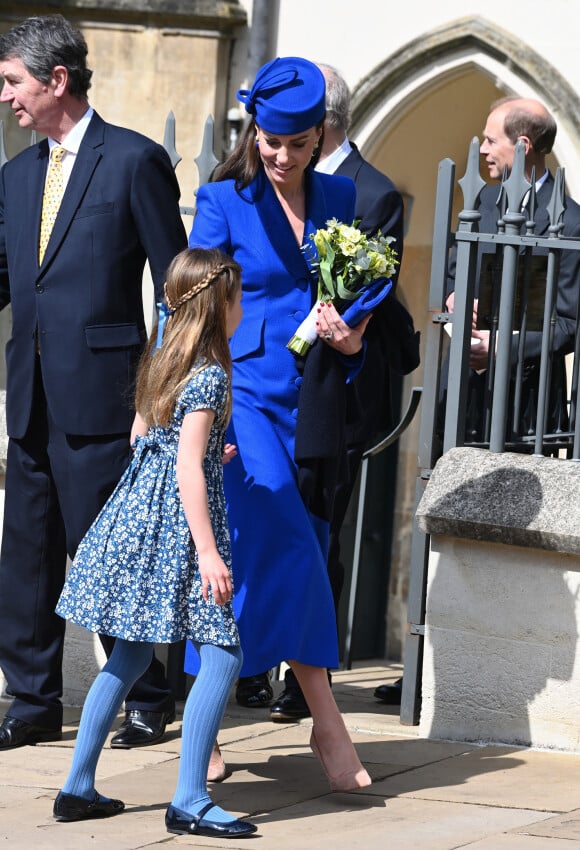 Sir Timothy Laurence, Kate Middleton et la princesse Charlotte - La famille royale va assister à la messe de Pâques à la chapelle Saint-Georges au château de Windsor, le 9 avril 2023.