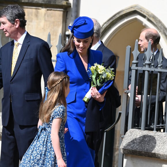 Sir Timothy Laurence, Kate Middleton et la princesse Charlotte - La famille royale va assister à la messe de Pâques à la chapelle Saint-Georges au château de Windsor, le 9 avril 2023.