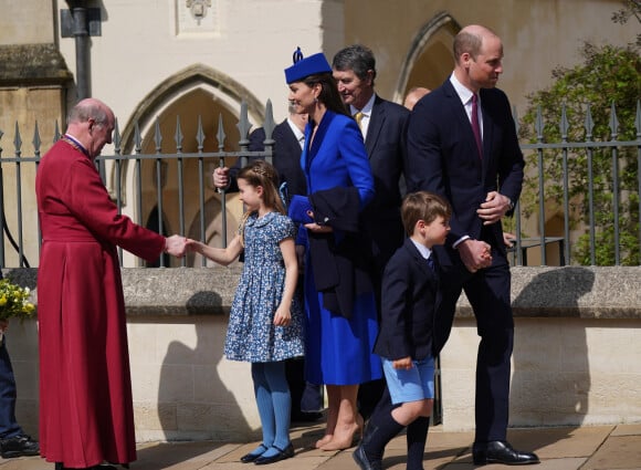 Timothy Laurence, Kate Middleton, la princesse Charlotte de Galles, le prince William, le prince Louis de Galles - La famille royale va assister à la messe de Pâques à la chapelle Saint-Georges au château de Windsor, le 9 avril 2023.