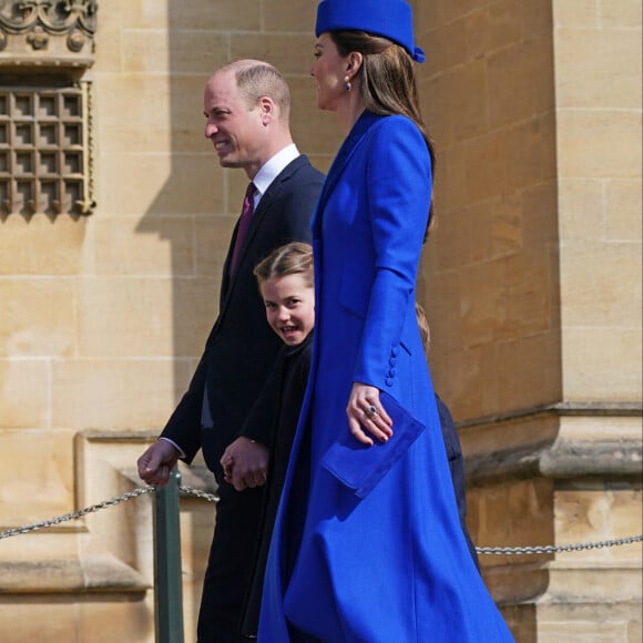 Le prince William, la princesse Charlotte et Kate Middleton - La famille royale va assister à la messe de Pâques à la chapelle Saint-Georges au château de Windsor, le 9 avril 2023.