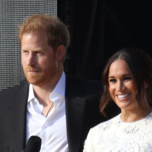 Le prince Harry, duc de Sussex et Meghan Markle sur la scène du "Global Citizen Live Festival" à Central Park à New York, le 25 septembre 2021. © Nancy Kaszerman/ZUMA Press Wire/Bestimage 