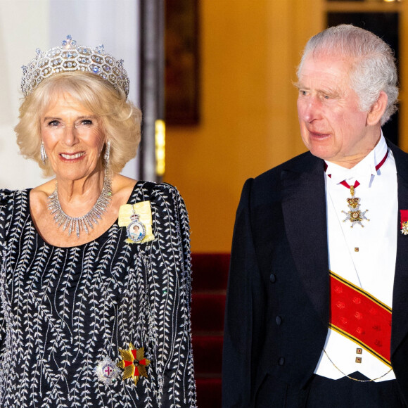 Le roi Charles et la reine Camilla ont dévoilé de nouveaux portraits. 
La reine consort Camilla Parker Bowles, le roi Charles III d'Angleterre - Arrivées au dîner d'état donné par le président allemand et sa femme en l'honneur du roi d'Angleterre et de la reine consort, au Château Bellevue à Berlin, à l'occasion du premier voyage officiel du roi d'Angleterre en Europe. 
