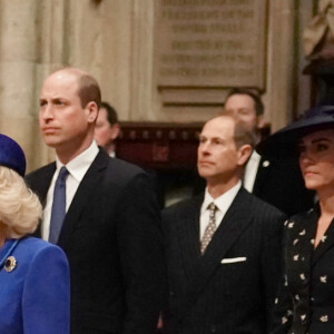 Le roi Charles III d'Angleterre, Camilla Parker Bowles, reine consort d'Angleterre, Le prince William, prince de Galles, Catherine (Kate) Middleton, princesse de Galles, Sophie Rhys-Jones, duchesse d'Édimbourg, le prince Edward, duc d'Édimbourg, la princesse Anne et le vice-amiral SirTimothy Laurence - Service annuel du jour du Commonwealth à l'abbaye de Westminster à Londres, Royaume Uni, le 13 mars 2023. 