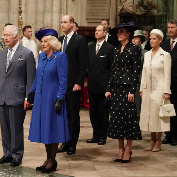 Le roi Charles III d'Angleterre, Camilla Parker Bowles, reine consort d'Angleterre, Le prince William, prince de Galles, Catherine (Kate) Middleton, princesse de Galles, Sophie Rhys-Jones, duchesse d'Édimbourg, le prince Edward, duc d'Édimbourg, la princesse Anne et le vice-amiral SirTimothy Laurence - Service annuel du jour du Commonwealth à l'abbaye de Westminster à Londres, Royaume Uni, le 13 mars 2023. 