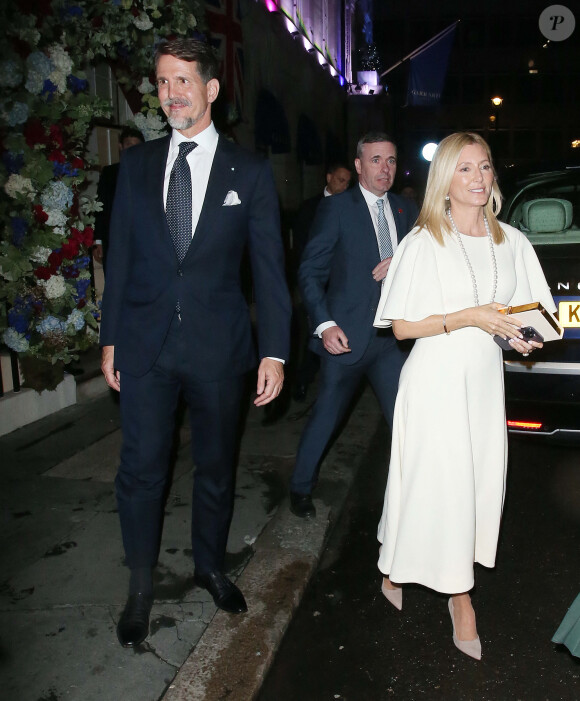 Le prince Paul (Pavlos) de Grèce et la princesse Marie Chantal (Miller) - Les invités au couronnement du roi d'Angleterre à la sortie du dîner au restaurant Oswald's dans le quartier de Mayfair à Londres, Royaume Uni, le 5 mai 2023. 