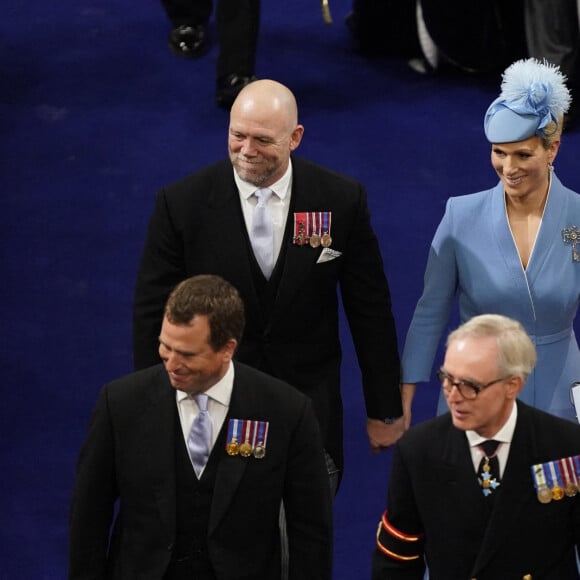 Peter Phillips, Mike et Zara Phillips (Zara Tindall) - Les invités à la cérémonie de couronnement du roi d'Angleterre à l'abbaye de Westminster de Londres, Royaume Uni, le 6 mai 2023. 