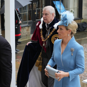 Le prince Andrew, duc d'York et Zara Phillips (Zara Tindall) - Les invités arrivent à la cérémonie de couronnement du roi d'Angleterre à l'abbaye de Westminster de Londres, Royaume Uni, le 6 mai 2023. 