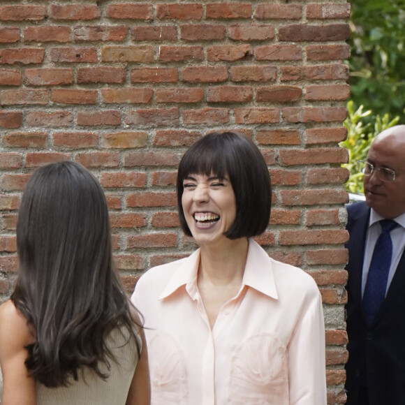 La reine Letizia d'Espagne, la ministre des sciences et le ministre des Affaires Etrangères à son arrivée à la réunion du Conseil d'administration de la Residencia de Estudiantes. Le 27 juin 2023 à Madrid (Espagne).