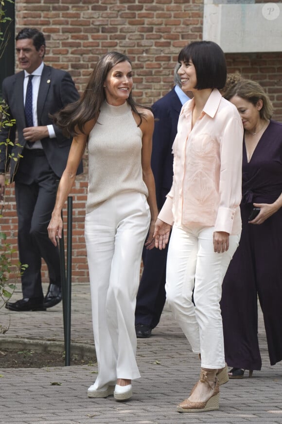 La reine Letizia d'Espagne, la ministre des sciences et le ministre des Affaires Etrangères à son arrivée à la réunion du Conseil d'administration de la Residencia de Estudiantes. Le 27 juin 2023 à Madrid (Espagne).