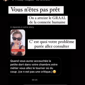 "Quand vous allez accoucher, si la petite dort dans votre chambre, vous allez tourner où du coup ?", s'était interrogé son abonné.
Amandine Pellissard partage une conversation avec un internaute où le ton est monté. Instagram