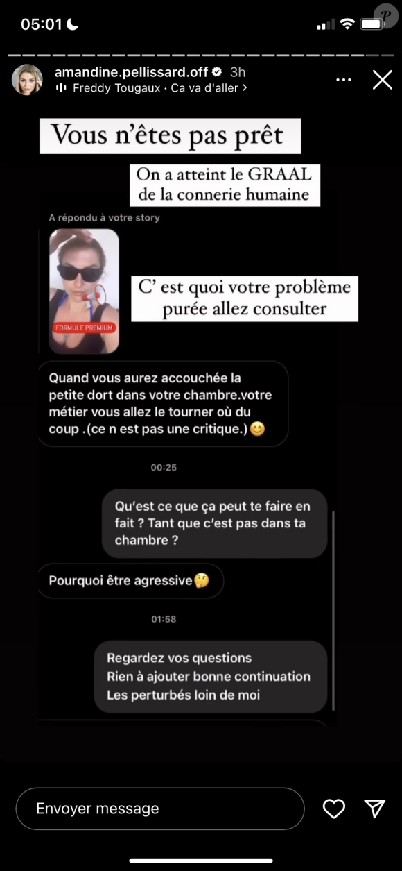 "Quand vous allez accoucher, si la petite dort dans votre chambre, vous allez tourner où du coup ?", s'était interrogé son abonné.
Amandine Pellissard partage une conversation avec un internaute où le ton est monté. Instagram