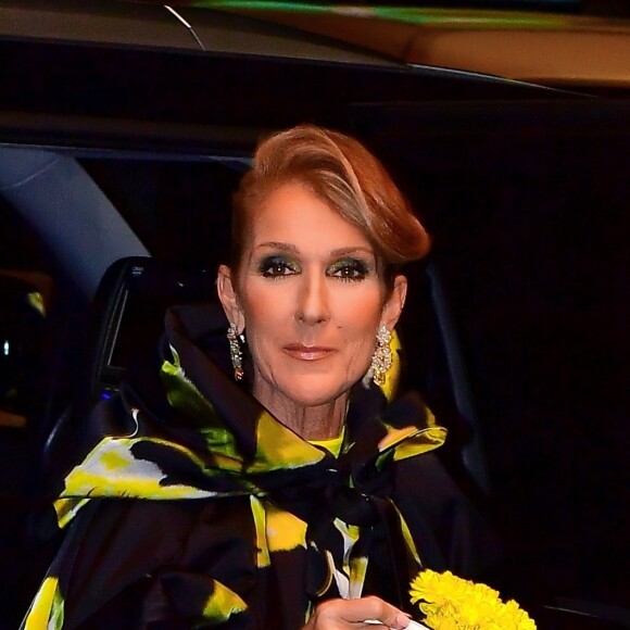 Celine Dion porte un manteau Marc Jacob, des boucles d'oreilles en diamants, des talons Jimmy Choo et un sac XXS en croco Stalvey en balade dans les rues de New York, le 12 novembre 2019