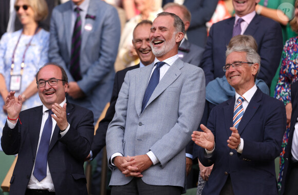 Felipe VI - Kate Middleton, le prince William, le prince George et la princesse Charlotte de Galles ont assisté à la finale du tournoi de Wimbledon, remportée par Carlos Alcaraz face à Novak Djokovic. Londres, 16 juillet 2023.