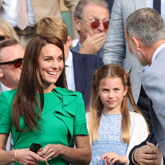 Kate Middleton, le prince William, le prince George et la princesse Charlotte de Galles ont assisté à la finale du tournoi de Wimbledon, remportée par Carlos Alcaraz face à Novak Djokovic. Londres, 16 juillet 2023.