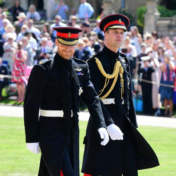 Les princes Harry et William arrivent à la chapelle St. George au château de Windsor - Mariage du prince Harry et de Meghan Markle au château de Windsor, Royaume Uni, le 19 mai 2018. 