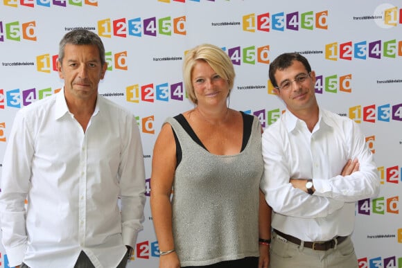 Michel Cymes, Marina Carrère d'Encausse et Benoît Thévenet - Conférence de presse de rentrée de France Télévisions, le 28 août 2012 à Paris.