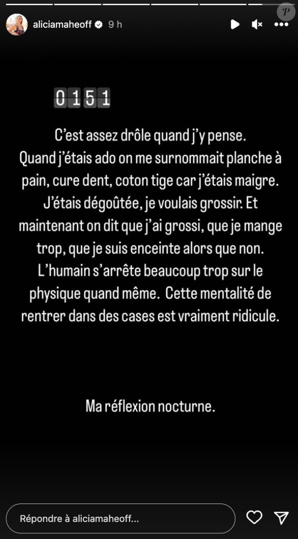 Interloquée par sa remarque déplacée, Alicia n'a pas manqué de le recadrer. L'occasion pour elle d'évoquer ses soucis de santé. "Ce genre de commentaire je vais le pointer du doigt", s'est agacée la jeune femme. Et de compléter : "Comme ci j'avais eu le choix d'avoir des problèmes d'insuline."