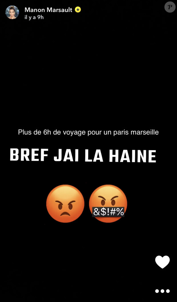 "C'est incroyable, c'est la troisième fois en 2 mois que je prends un vol Paris-Marseille et à chaque fois il y a du retard, 1h voire 2h de retard...", a-t-elle fulminé.
Manon Marsault sur Snapchat.