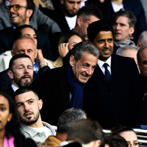 Nicolas Sarkozy et Nasser al-Khelaïfi ( président PSG ) - People lors du match de football Ligue 1 Uber Eats PSG Vs Ajaccio (5-0) au Parc des Princes à Paris le 13 mai 2023. © Federico Pestellini / Panoramic / Bestimage