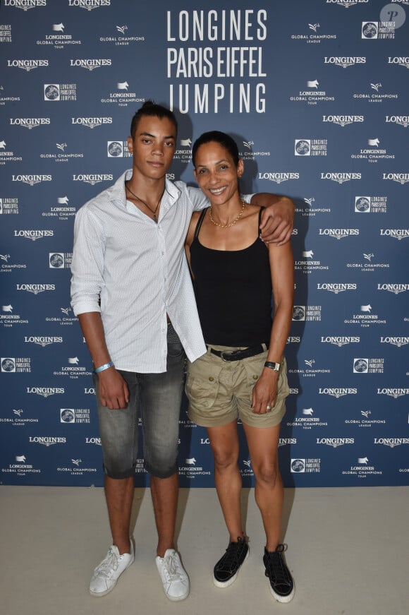 Exclusif - Christine Arron et son fils Ethan - Photocall lors du Longines Paris Eiffel Jumping au Champ de Mars à Paris, le 7 juillet 2018. © Borde-Veeren/Bestimage