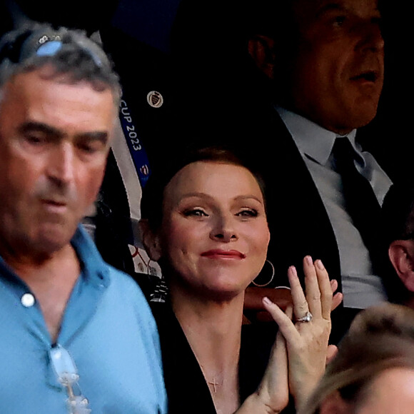 La princesse Charlene de Monaco dans les tribunes lors du match de rugby entre l'Afrique du Sud et l'Écosse (18-3) au stade Vélodrome à Marseille le 10 septembre 2023. © Dominique Jacovides / Bestimage 